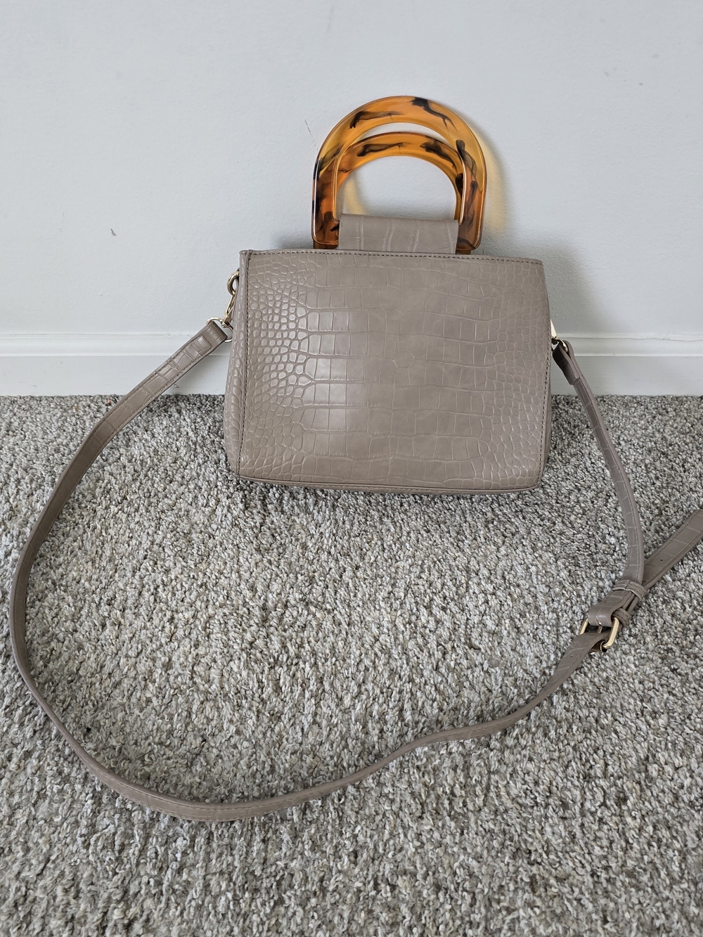 Taupe Croc-Embossed Top-Handle Crossbody Bag with Tortoiseshell Accent